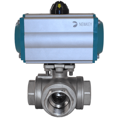 Кран шаровый трёхходовой L-тип, AISI316 DN15 (1/2"), с двухсторонним пневмоприводом AT52D, NK-BTl15/6*AT52D