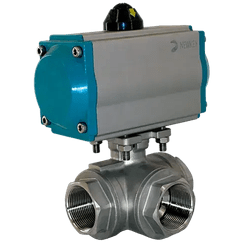 Кран шаровый трёхходовой T-тип, AISI316 DN15 (1/2"), с двухсторонним пневмоприводом AT52D, NK-BTt15/6*AT52D