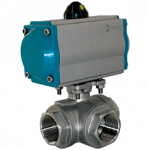 Кран шаровый трёхходовой T-тип, AISI304 DN25 (1&quot;), с двухсторонним пневмоприводом AT63D, NK-BTt25/4*AT63D