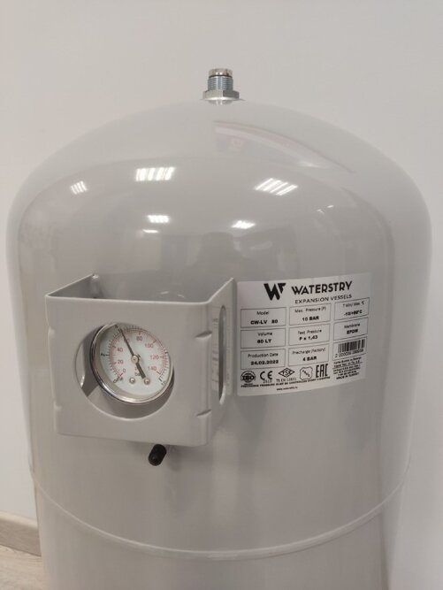 Бак мембранный CW-LV 100 литров до 10bar -10 °C / + 99 °C 1" вертикальный на ножках с манометром (серый)	